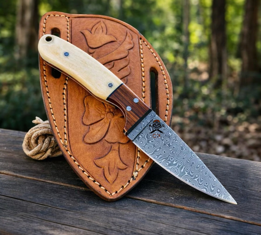 Buckaroo Working Knife - 3” Damascus Blade Bone Handle & Pancake Sheath