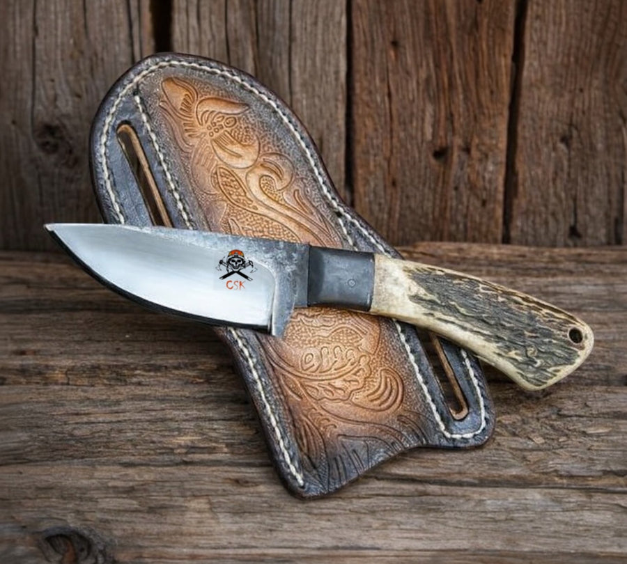Heritage Working Cowboy Knife – 1095 Steel Antler Handle with Back Belt Sheath