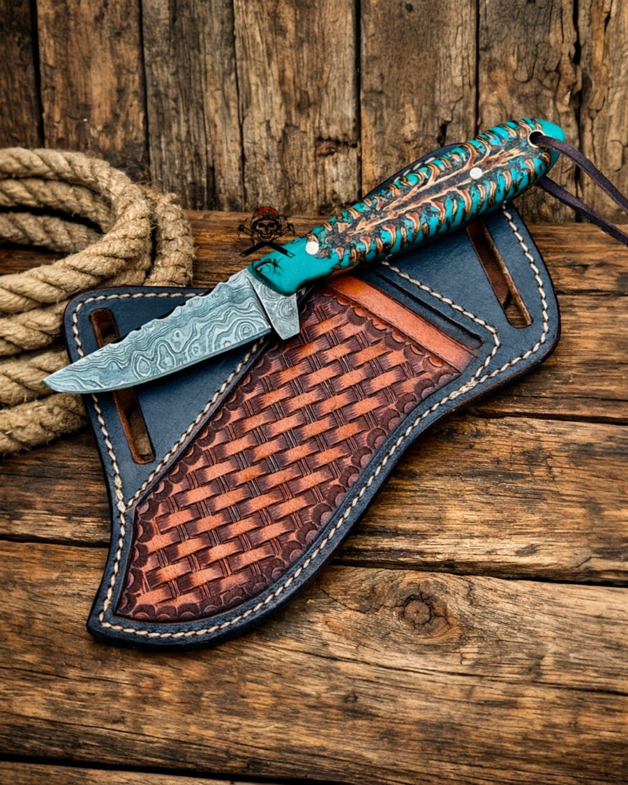 Belt Buckaroo Knife - 3.5” Damascus Steel with Pine Cone Handle