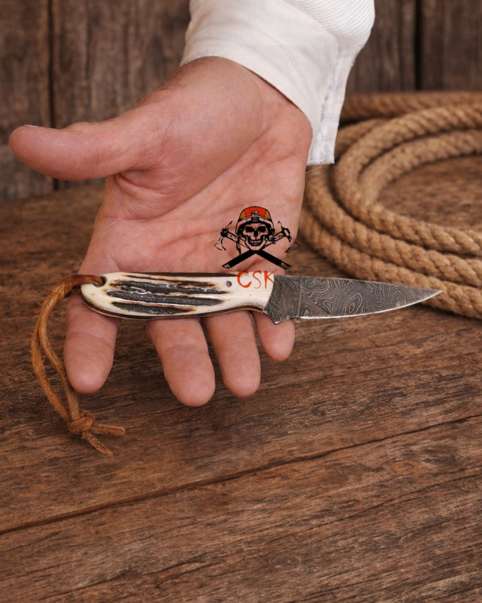 Old Buckaroo Knife – 3.5” Damascus Cowboy Knife with Pancake Sheath