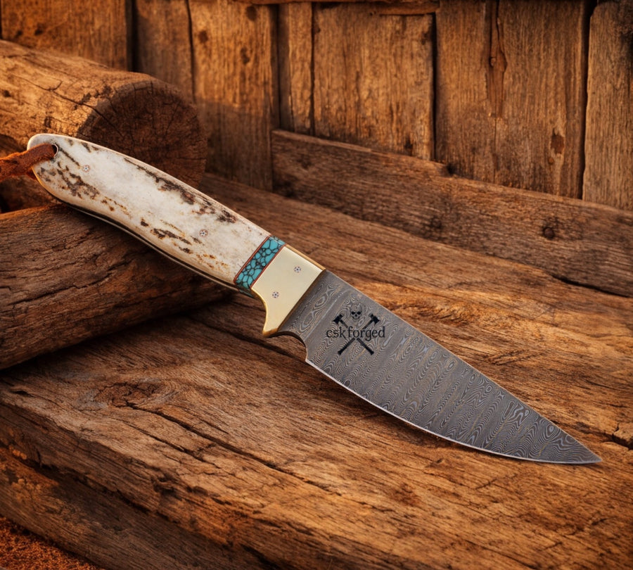 The Last Buckaroo Knife - 4” Damascus Blade with Antler & Turquoise Handle