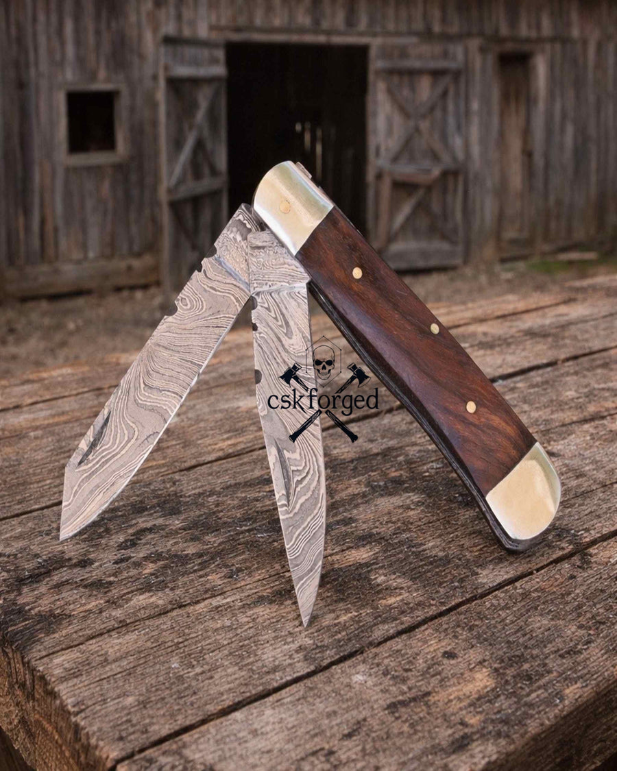 Cowboy Folding Knife – Damascus Steel Trapper Pocket Knife Rosewood