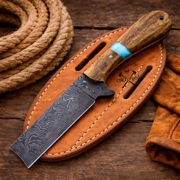 Rancher’s Fury Bull Cutter – Damascus Steel Cowboy Knife with Ash Wood & Turquoise Handle