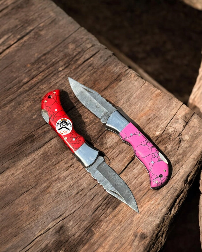 Personalized Damascus Steel Pocket Knife Pair with Damascus Blade - Custom Father Day Gift Knife