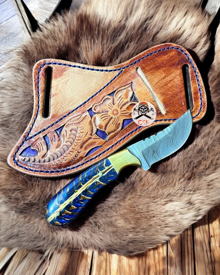 Cowboy Knife – 8" Damascus Steel Blade with Blue Epoxy Pine Cone Resin Handle & Leather Sheath