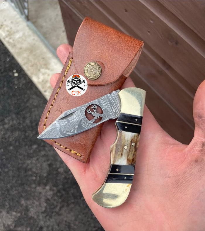 Cowboy Pocket Knife – Deer Damascus Blade