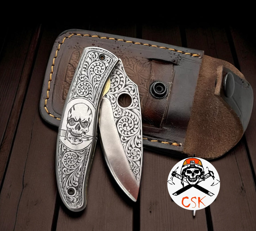 SkullGuard Engraved Pocket Knife With Sheath