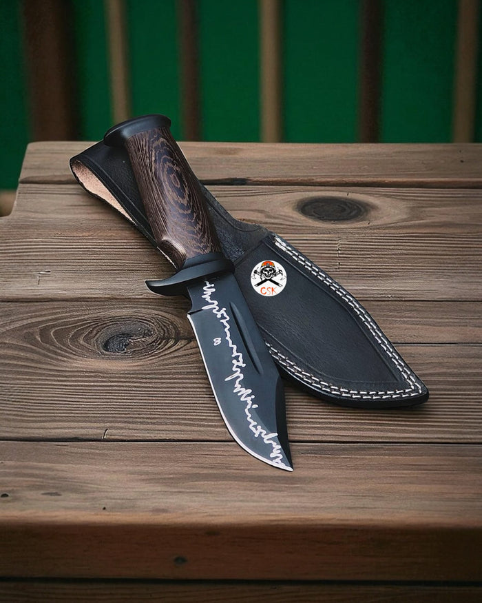 ShadowForge Black Blade Handmade Hunting Knife with Wenge Wood Grain Handle