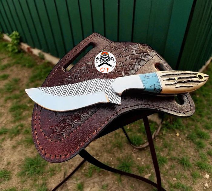 Cross Draw Sheath Hunting Knife With Rasp Steel & Antler Handle