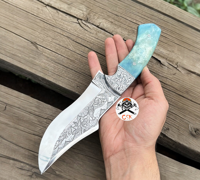 Luxury Hand Engraved Knife - Coloured Bone Handle Collector’s Masterpiece