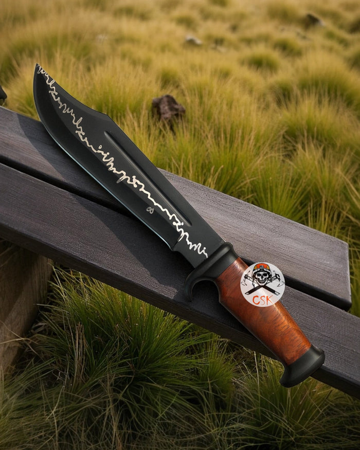 Engraved Black Bowie Knife –Leather Stack Handle & Collectible Blade