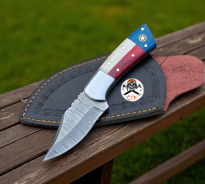 Texas Flag Handle Damascus Blade Hunting Knife