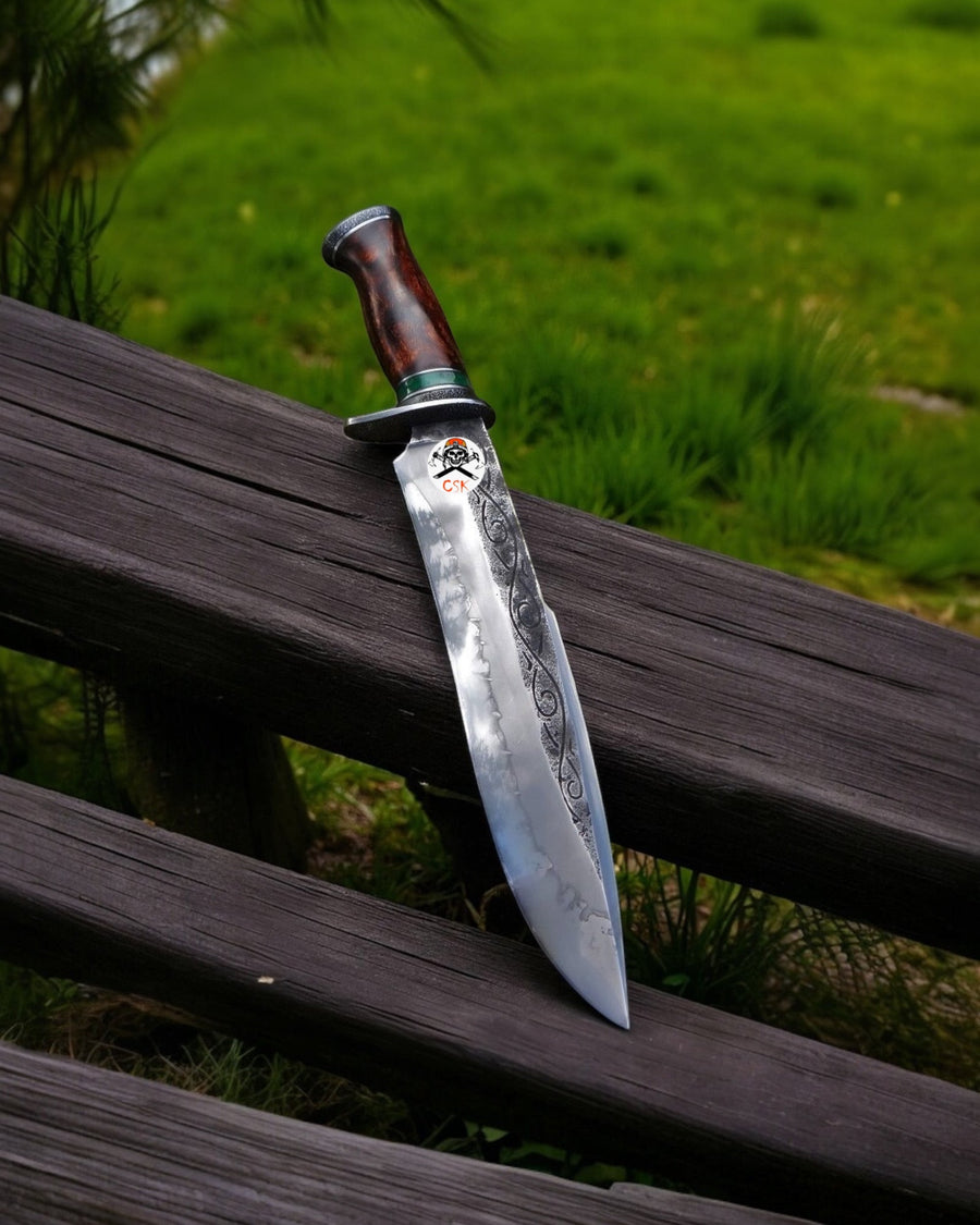 Handmade Along Bowie Knife – 15” Custom Hunting Knife with Etched Blade & Wooden Handle