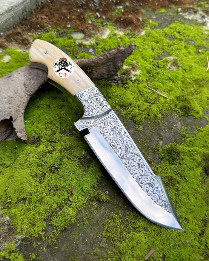 Hand-Engraved Hunting Knife – Custom Fixed Blade with Bone Handle & Ornate Scrollwork