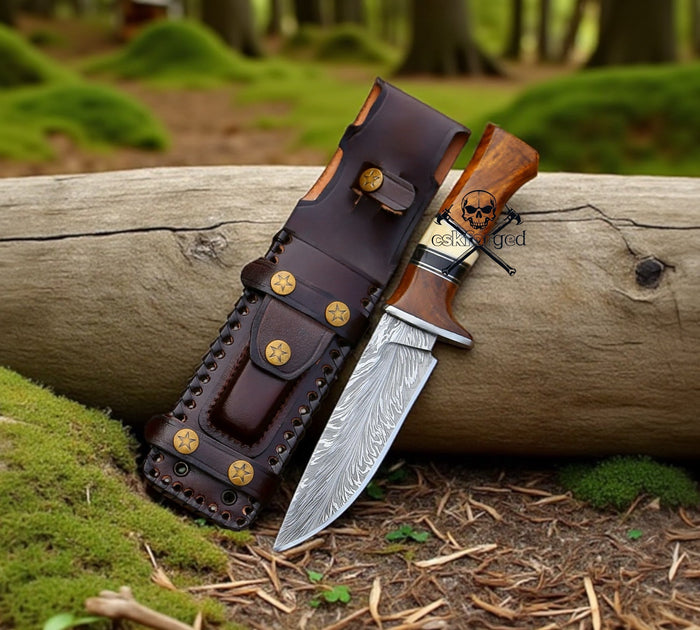 Feather Damascus Hunting Knife with Exotic Rose Wood Handle