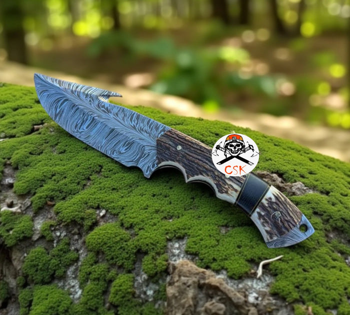 FEATHER DAMASCUS EVOKE HOOK KNIFE ANTLER HANDLE