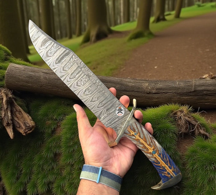Western Bowie Knife – 16" Damascus Steel Blade with PineCone Handle