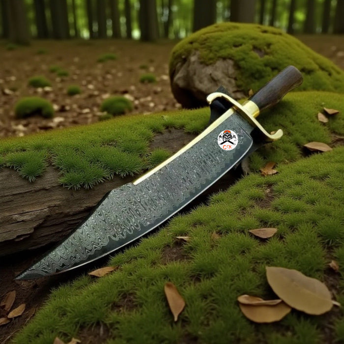 Handmade Alamo Musso Bowie Knife – Damascus Blade with Rosewood Handle & Leather Sheath