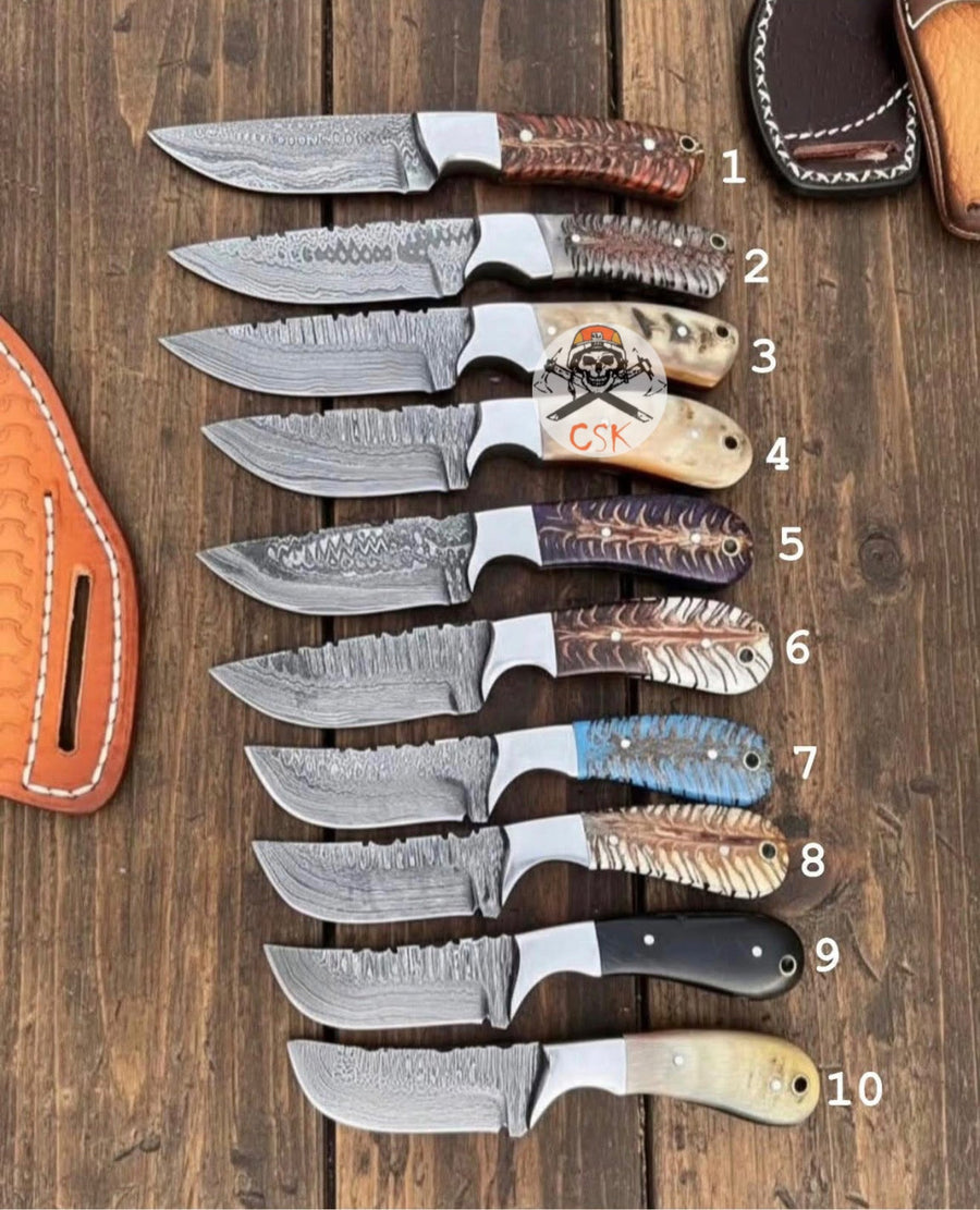 Rancher’s Belt Knife – Damascus Steel with Pine-Cone Resin Handle & Leather Sheath