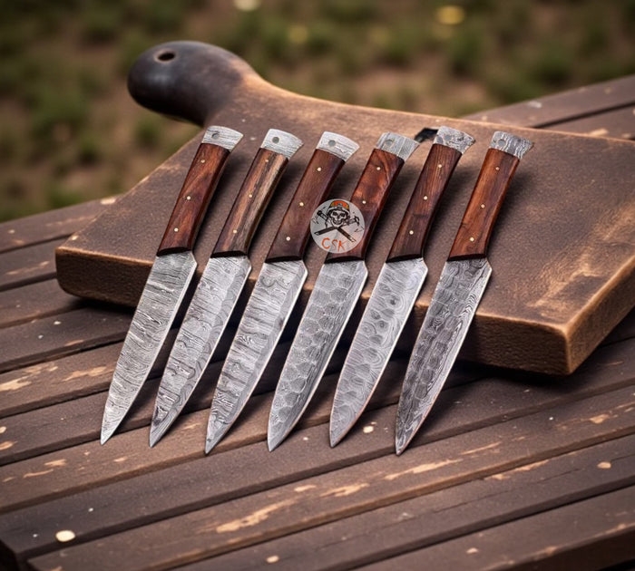CSKFORGED Damascus Steak Knife Set – 6 Knives + Leather Roll
