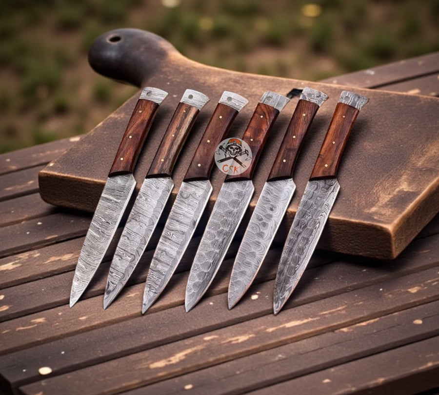 CSKFORGED Damascus Steak Knife Set – 6 Knives + Leather Roll