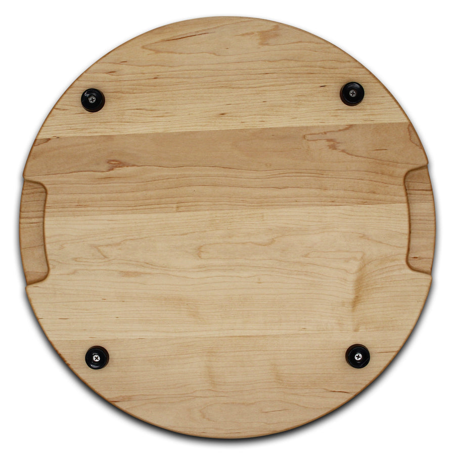 Maple round board underside with pocket handles and rubber feet