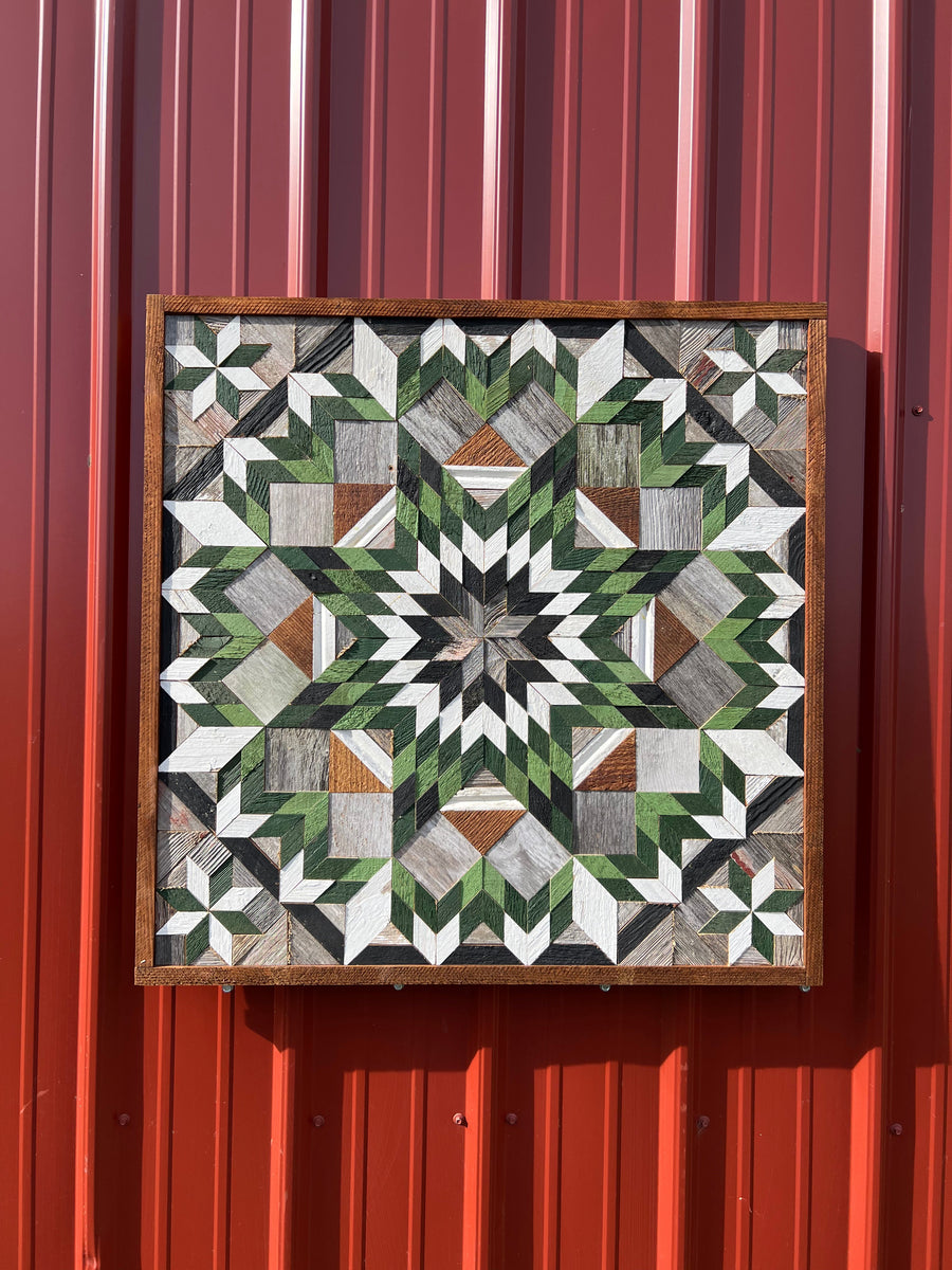 Individual reclaimed-wood barn quilt with a hand-painted geometric star design