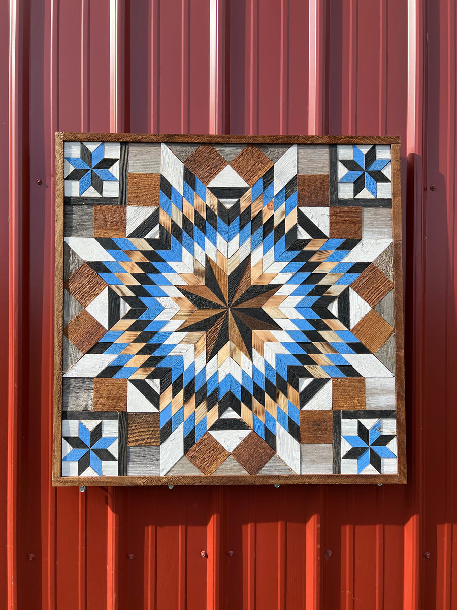 Individual reclaimed-wood barn quilt with a hand-painted geometric star design