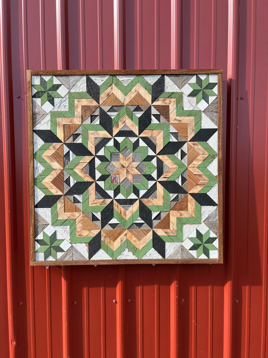 Individual reclaimed-wood barn quilt with a hand-painted geometric star design