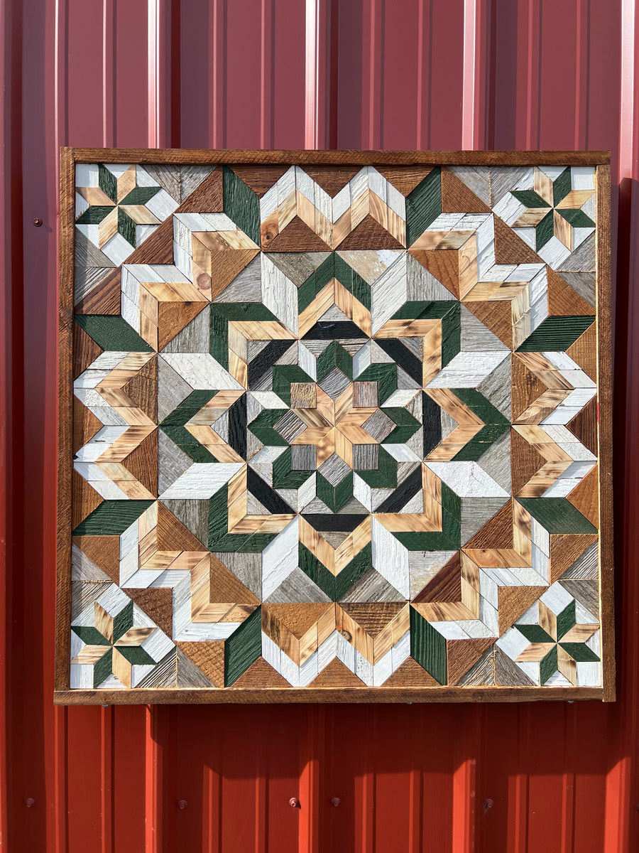 Individual reclaimed-wood barn quilt with a hand-painted geometric star design
