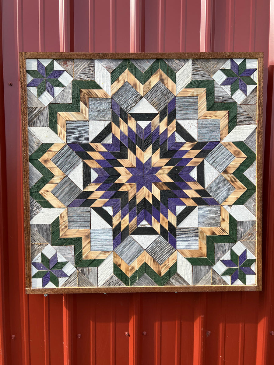 Individual reclaimed-wood barn quilt with a hand-painted geometric star design