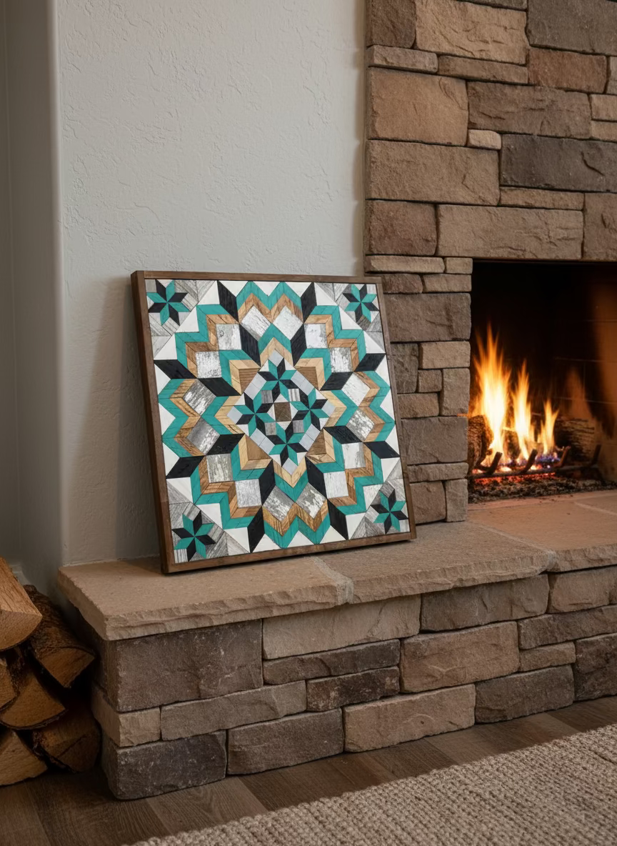 Reclaimed-wood barn quilt with a painted geometric star pattern in a styled display scene