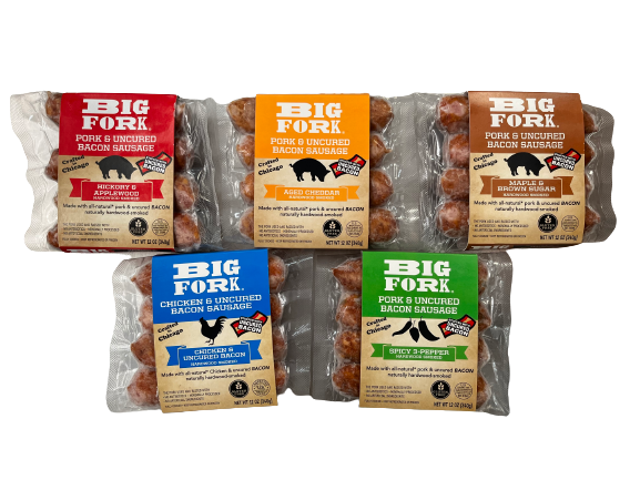 Five bacon sausage flavors shown in their labeled vacuum packs