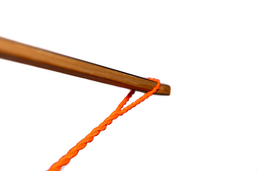 Adjustable Flemish Twist Tillering String for Bow Making — adjustable orange string at bow tip