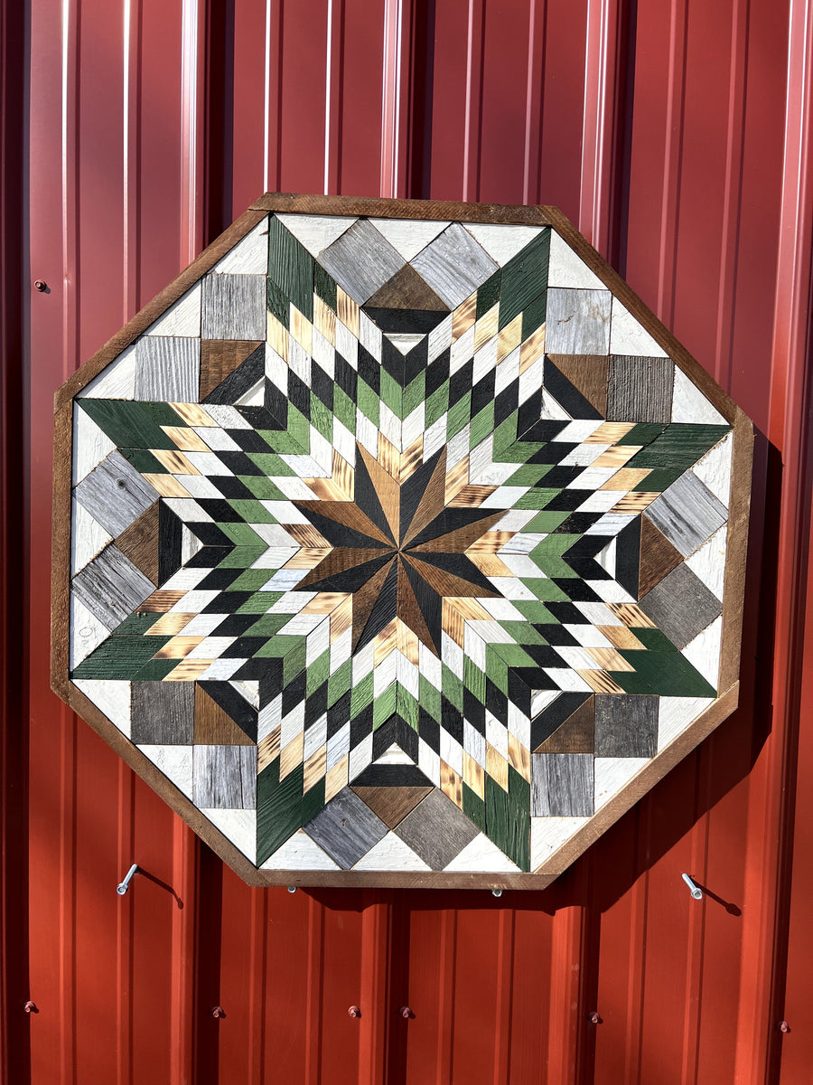 Individual reclaimed-wood barn quilt with a hand-painted geometric star design