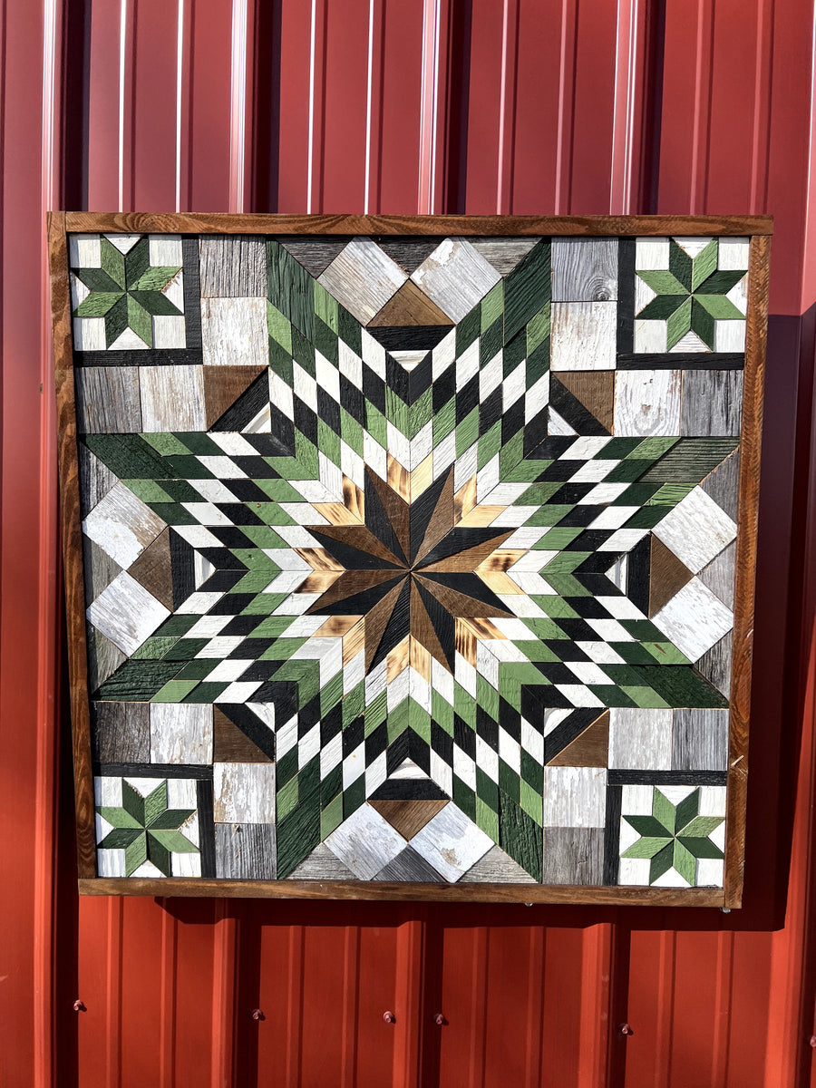 Individual reclaimed-wood barn quilt with a hand-painted geometric star design