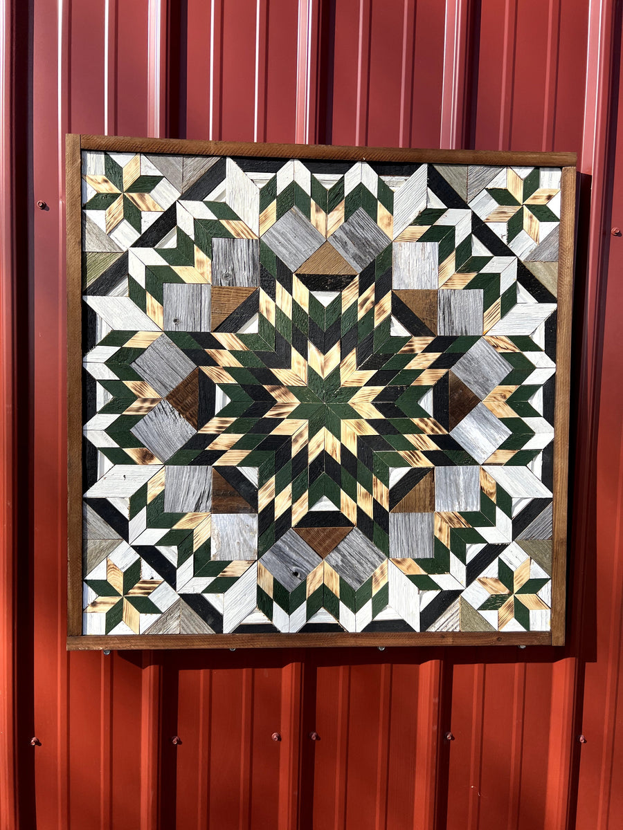 Individual reclaimed-wood barn quilt with a hand-painted geometric star design