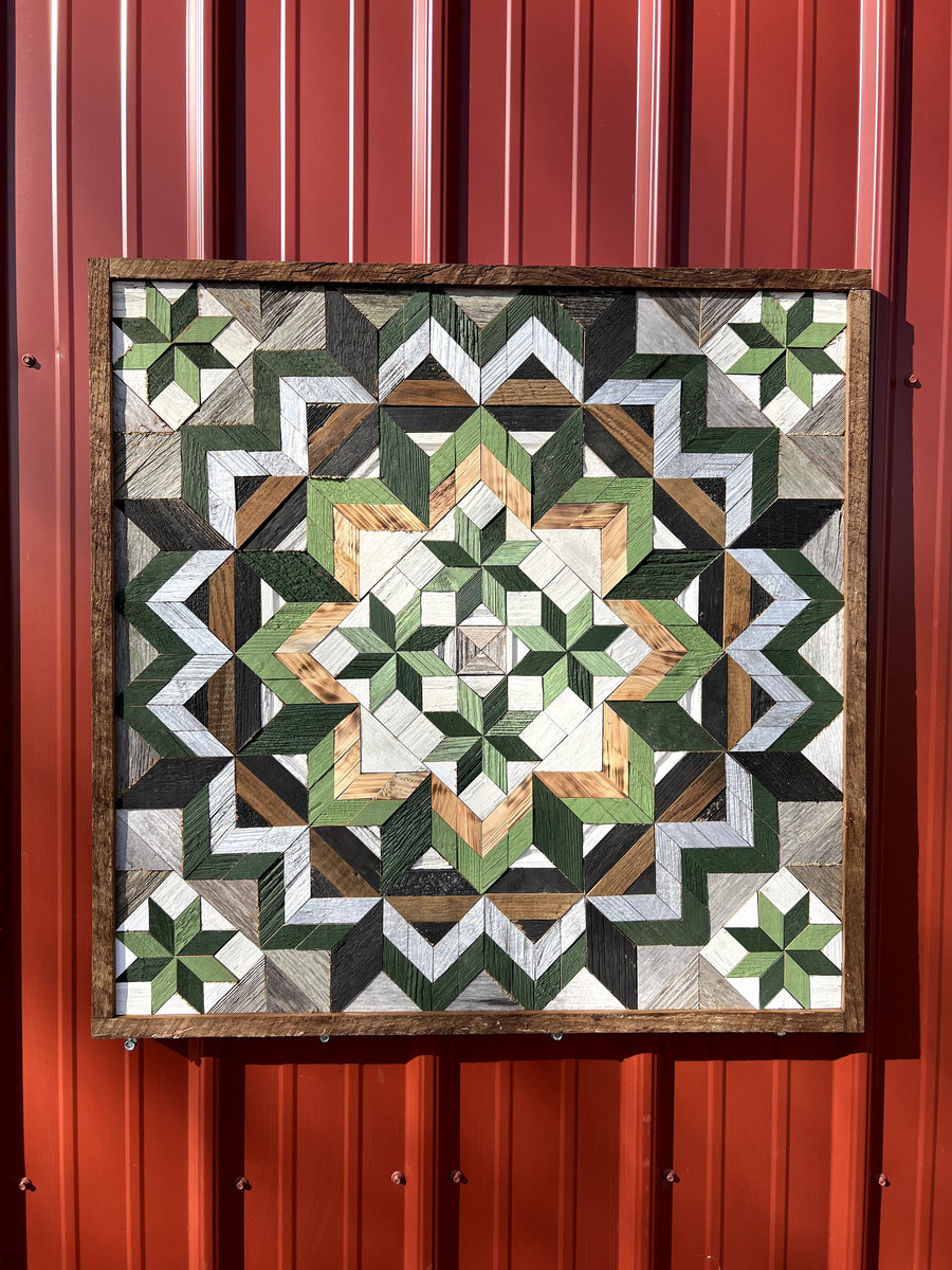 Individual reclaimed-wood barn quilt with a hand-painted geometric star design