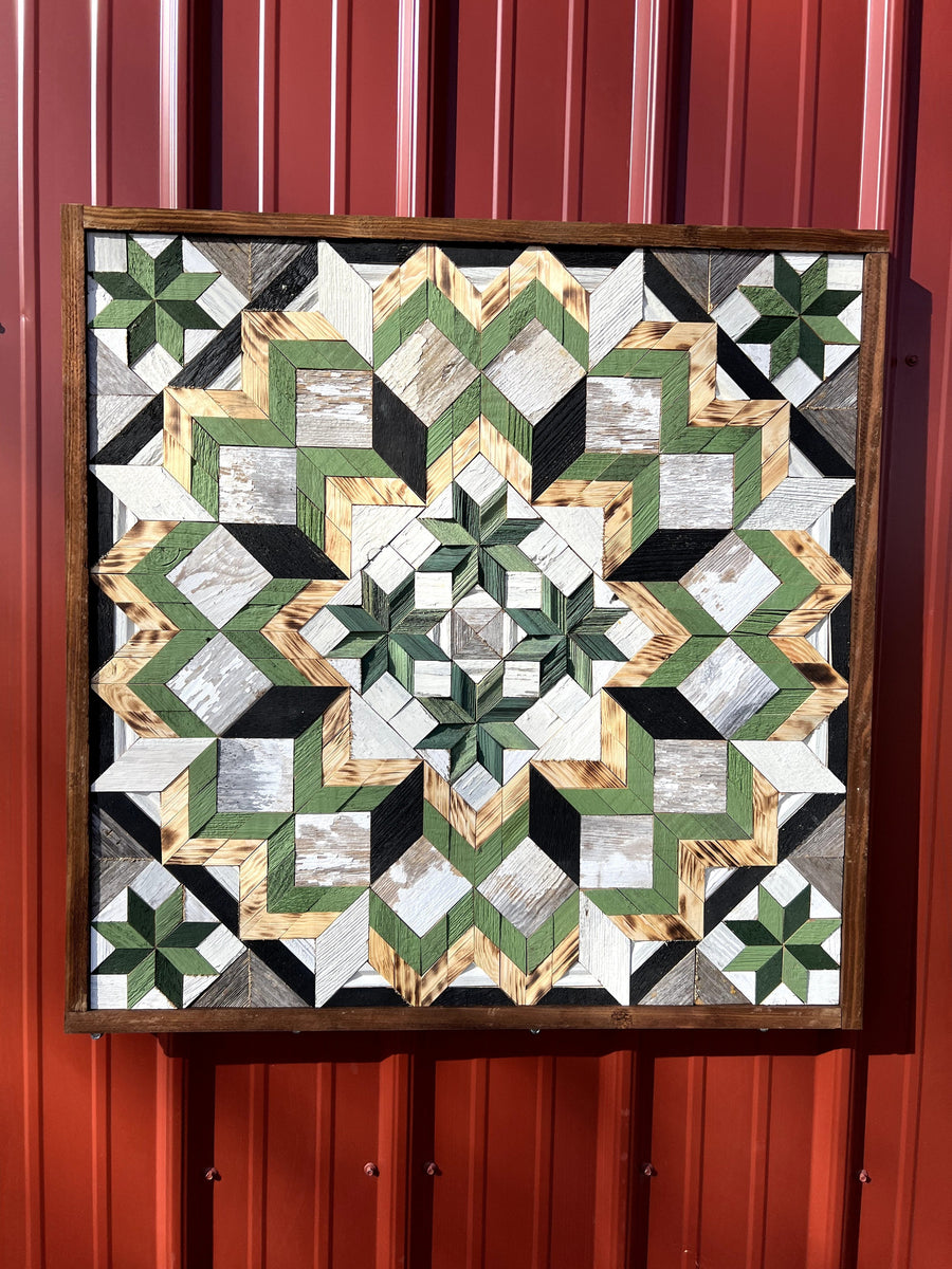 Individual reclaimed-wood barn quilt with a hand-painted geometric star design