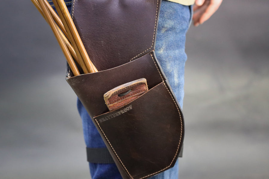 Leather Rear-Facing Hip Arrow Quiver — hip quiver filled with arrows