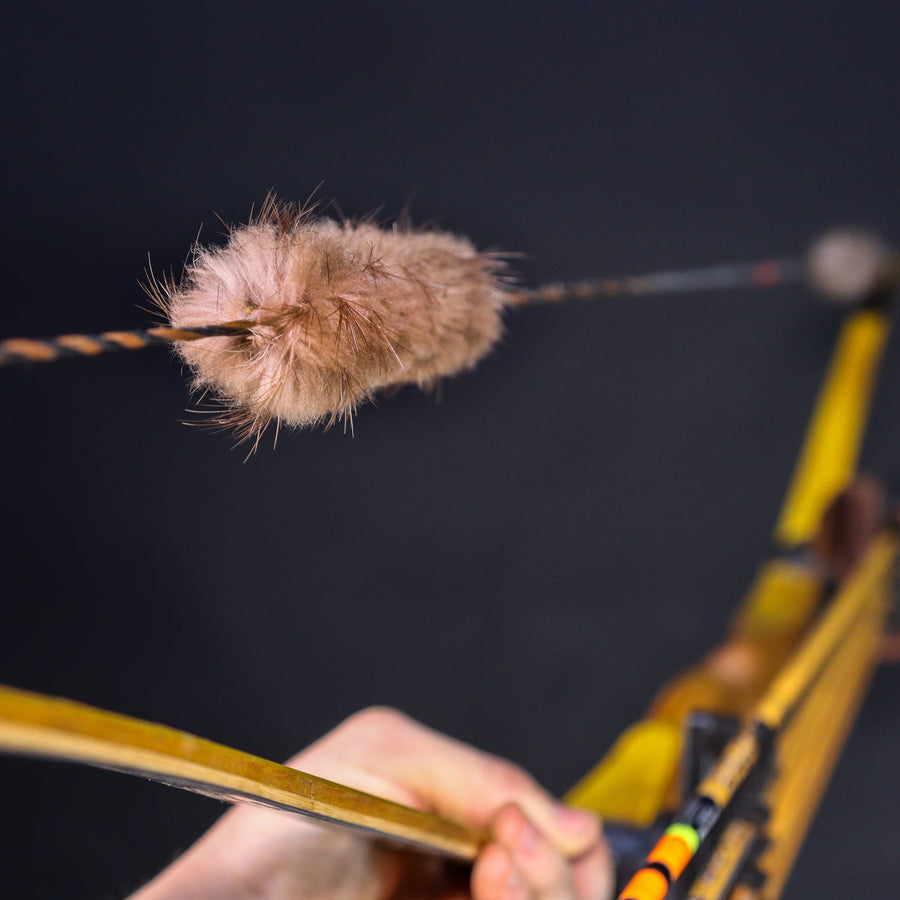 Beaver Fur Bowstring Silencers — fur silencer on bowstring at draw