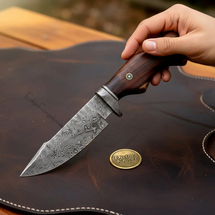 Damascus Bigcat Hunting Knife with Drop-Point Blade and Dark Wood Handle