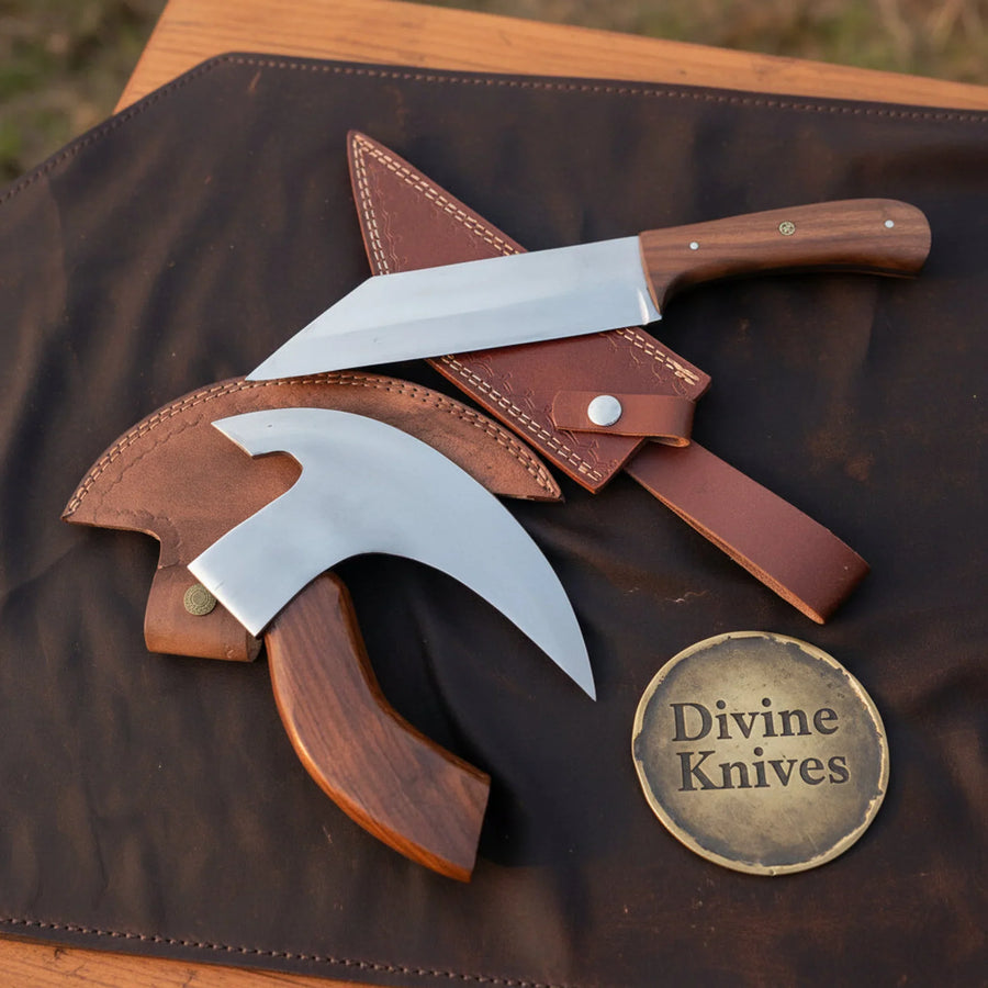 Pizza Hatchet & Santoku Knife Set with Matching Hardwood Handles