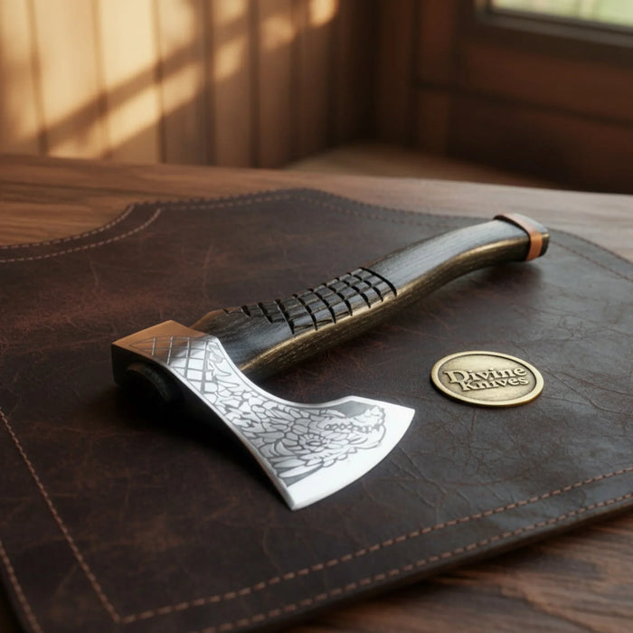 Dragon Engraved Viking Bearded Axe with Textured Dark Wood Handle