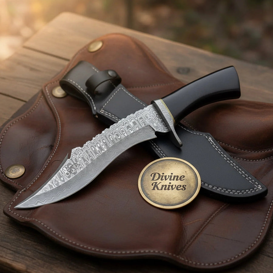 Blackwave Black Micarta Damascus Recurve Survival Bowie with Weatherproof Handle
