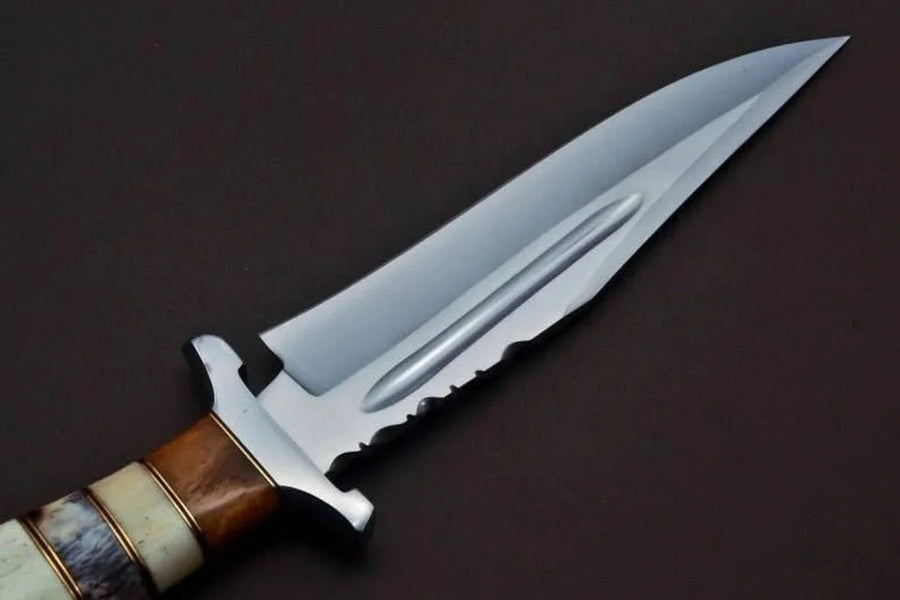 Bone Stacked Blood Groove Clip Point Bowie with Polished Blade