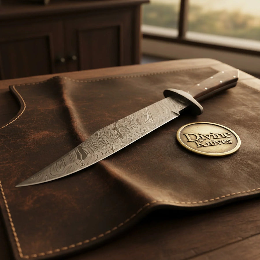 Coffin Handle Damascus Western Clip Point Bowie with Tapered Grip