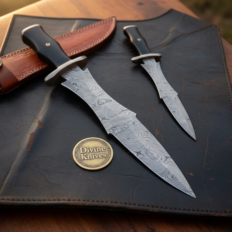Horn Handle Dagger Knife Set of 2 with Steel Guard and Tooled Leather Sheath