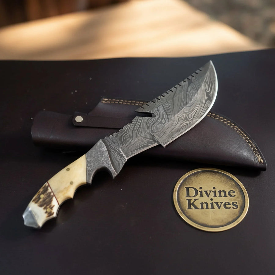 Antler & Camel Bone Damascus Bushcraft Tracker with Scalloped Spine