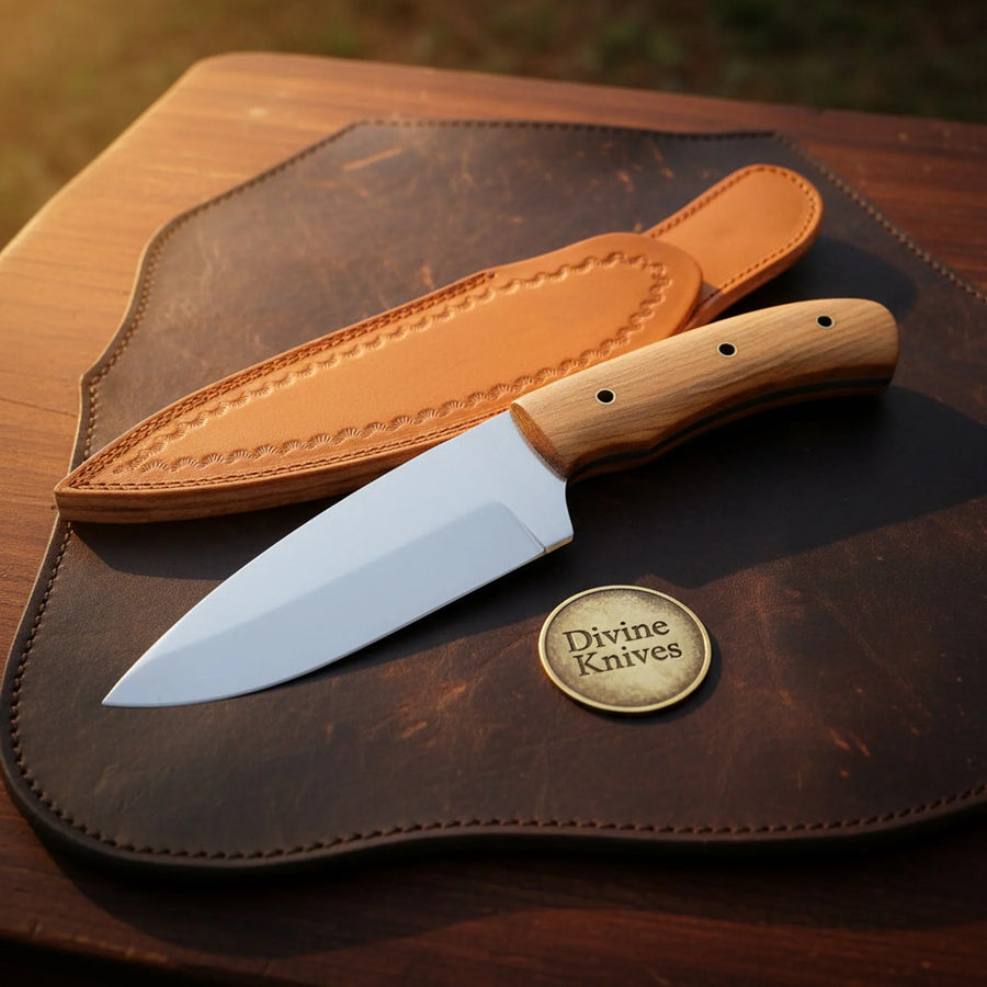 Oak Wood Drop Point Bushcraft Knife with Carbon Steel Blade